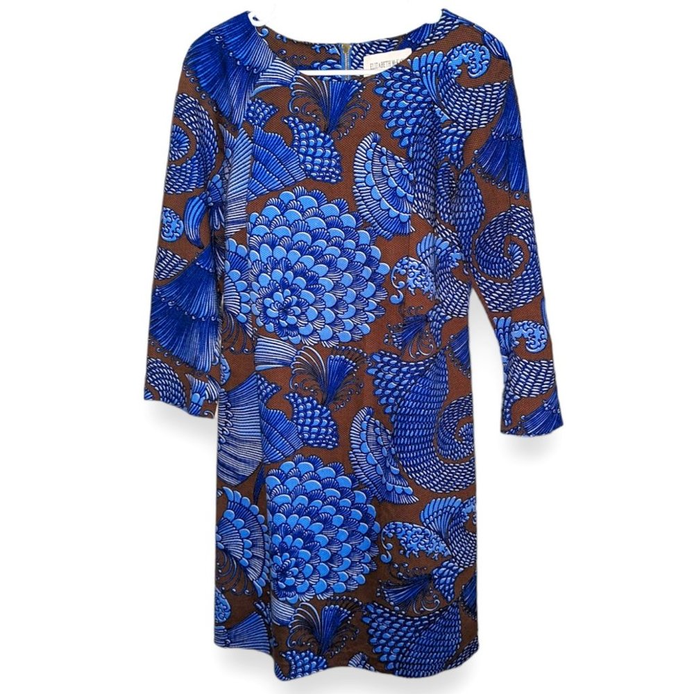 Elizabeth McKay New York Blue Brown Zip Long Sleeve Lined Sheath Dress Zip sz 8